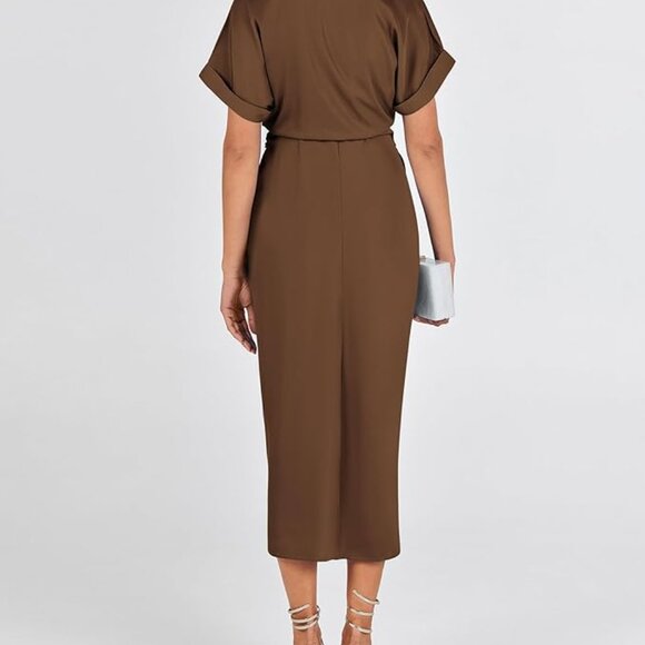 NWT Ruched Shirt Dress Satin Short Sleeve (Large- Brown) - Picture 2 of 5